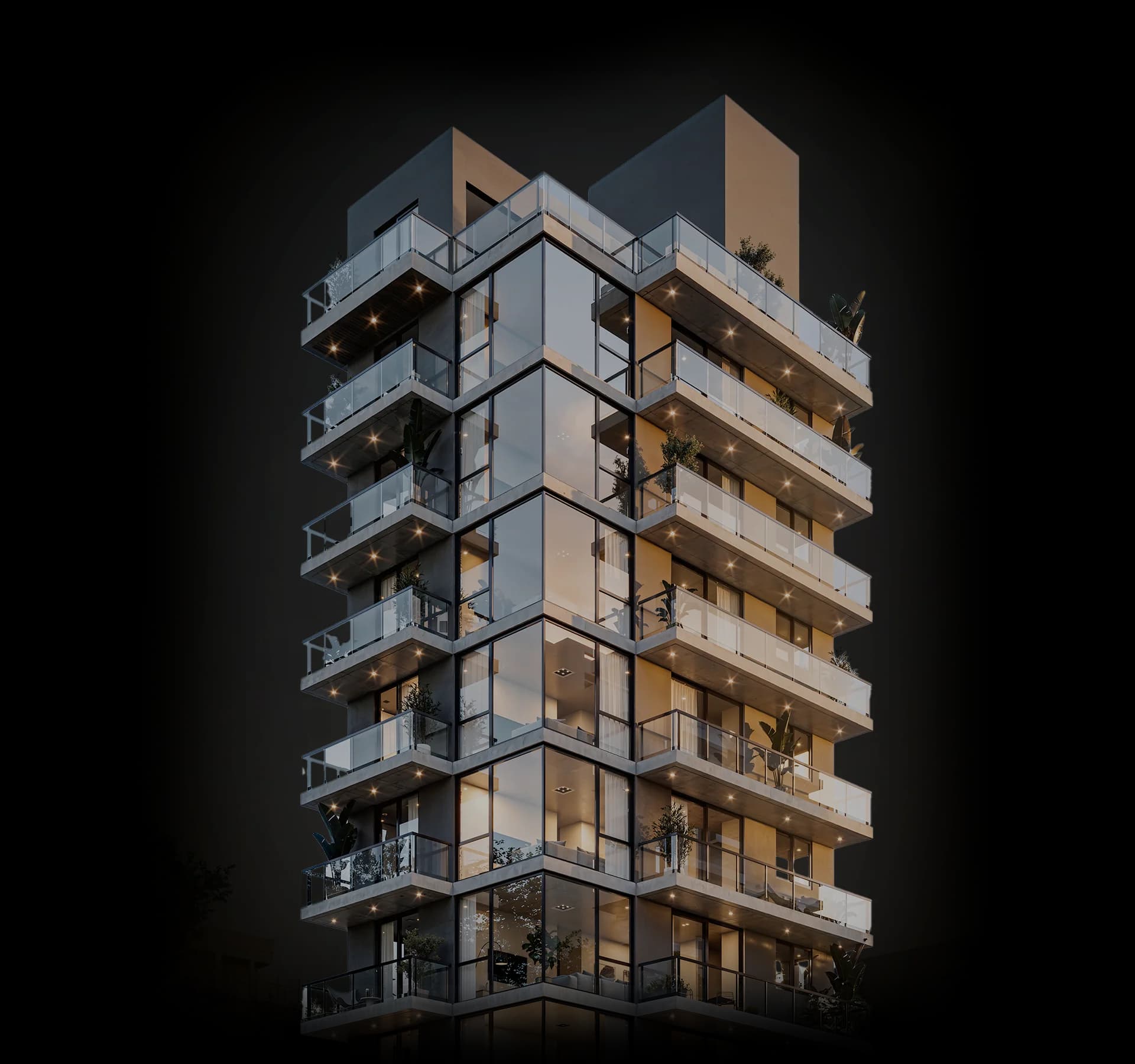 Showroom inmobiliario interactivo — render arquitectónico de edificio premium